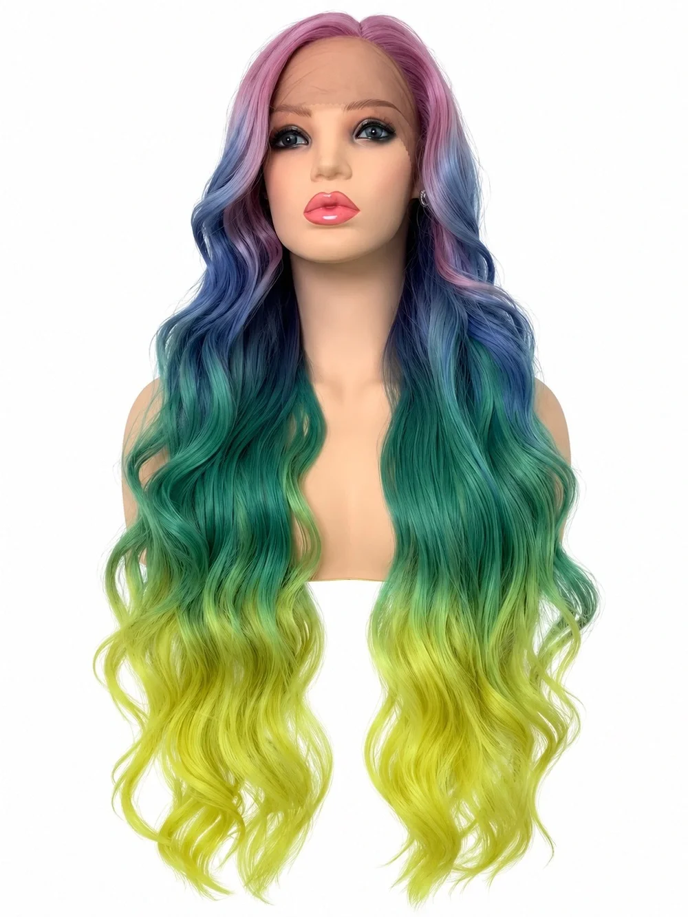 Rainbow Multicolor Ombre Long Wavy Lace Front Wig - Pink Blue Green Yellow 28in